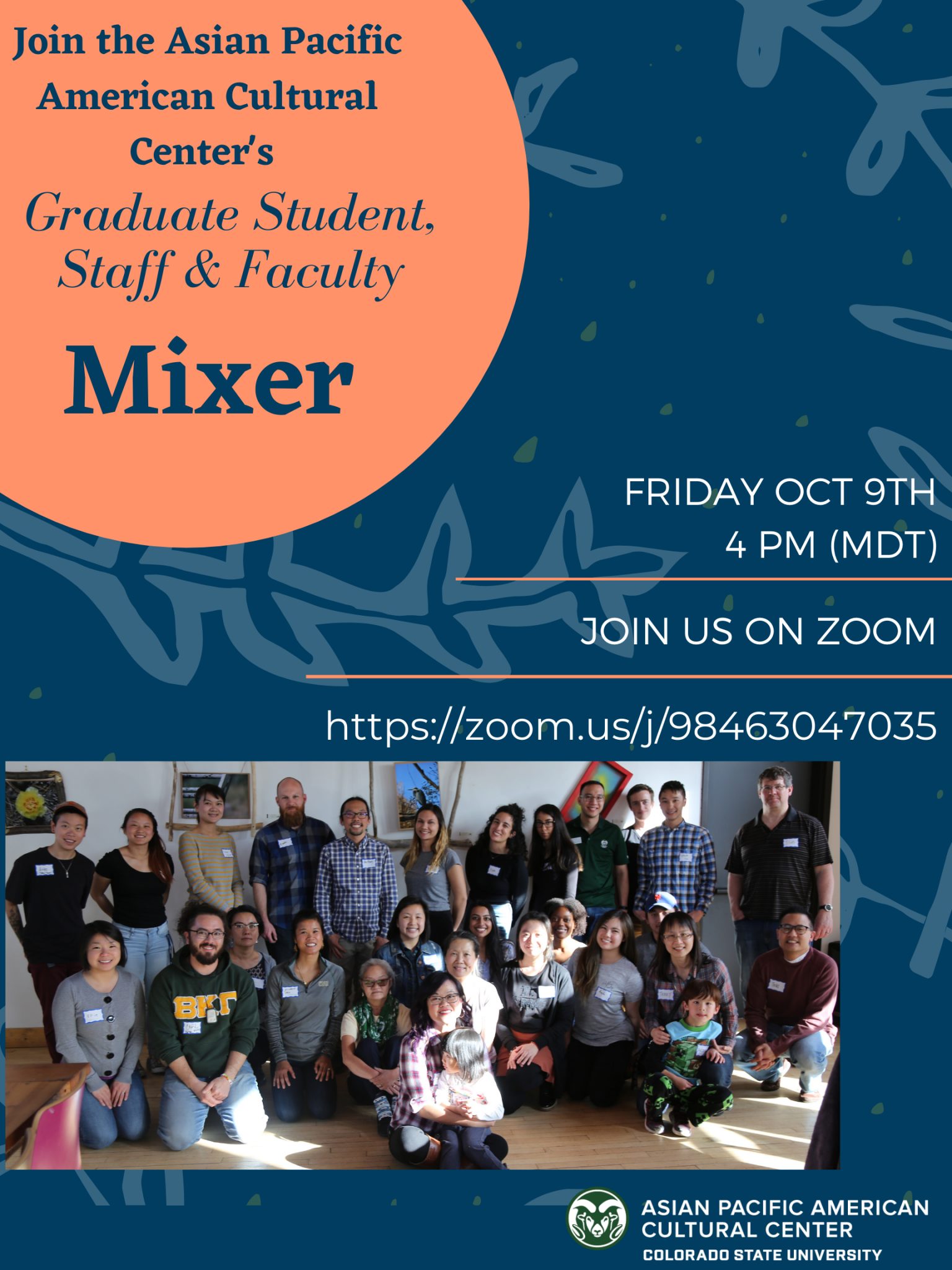 Poster with text in caption, photo of previous mixer of 27 people mostly smiling