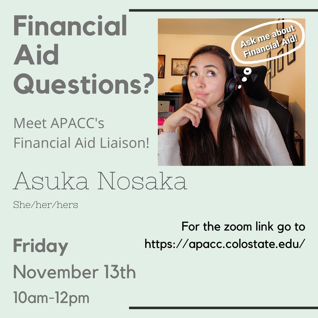 image of asuka with thought bubble that says "ask me about financial aid!"