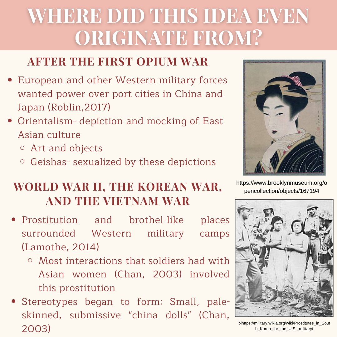 Image Description: Square flyer with a cream colored background and a rose pink border running horizontally through the top part of the flyer. On the pink border at the top reads: “Where did this idea even originate from?” in white text. Below this, on the left side of the flyer reads: “After the First Opium War” in a burgundy heading. Following text says: “European and other Western military forces wanted power over port cities in China and Japan (Roblin, 2017). Orientalism- the depiction and mocking of East Asian culture.” This has sub bullets that give examples of: “Art and objects; Geishas- sexualized by these depictions” A second heading reads: “World War II, The Korean War, and the Vietnam War” The text below it says: “Prostitution and brothel-like places surrounded Western military camps (Lamothe, 2014); Most interactions that soldiers had with Asian women (Chan, 2003) involved this prostitution.” The next bullet lists “Stereotypes began to form: Small, pale-skinned, submissive “china dolls” (Chan, 2003).” On the right of the flyer are two photos. The one on top is an illustration of a Geisha, who has pale, white skin and their hair tied up into a bun by a red hair tie. They are facing forward with their heads slightly turned, with their hand positioned directly below their chin and in front of their chest. They are dressed in a blue striped piece of clothing. The bottom photo shows two Comfort Women for the U.S. military in South Korea. They both have their arms crossed over their chests and are looking away while they are surrounded by four different soldiers, who are all looking at them.