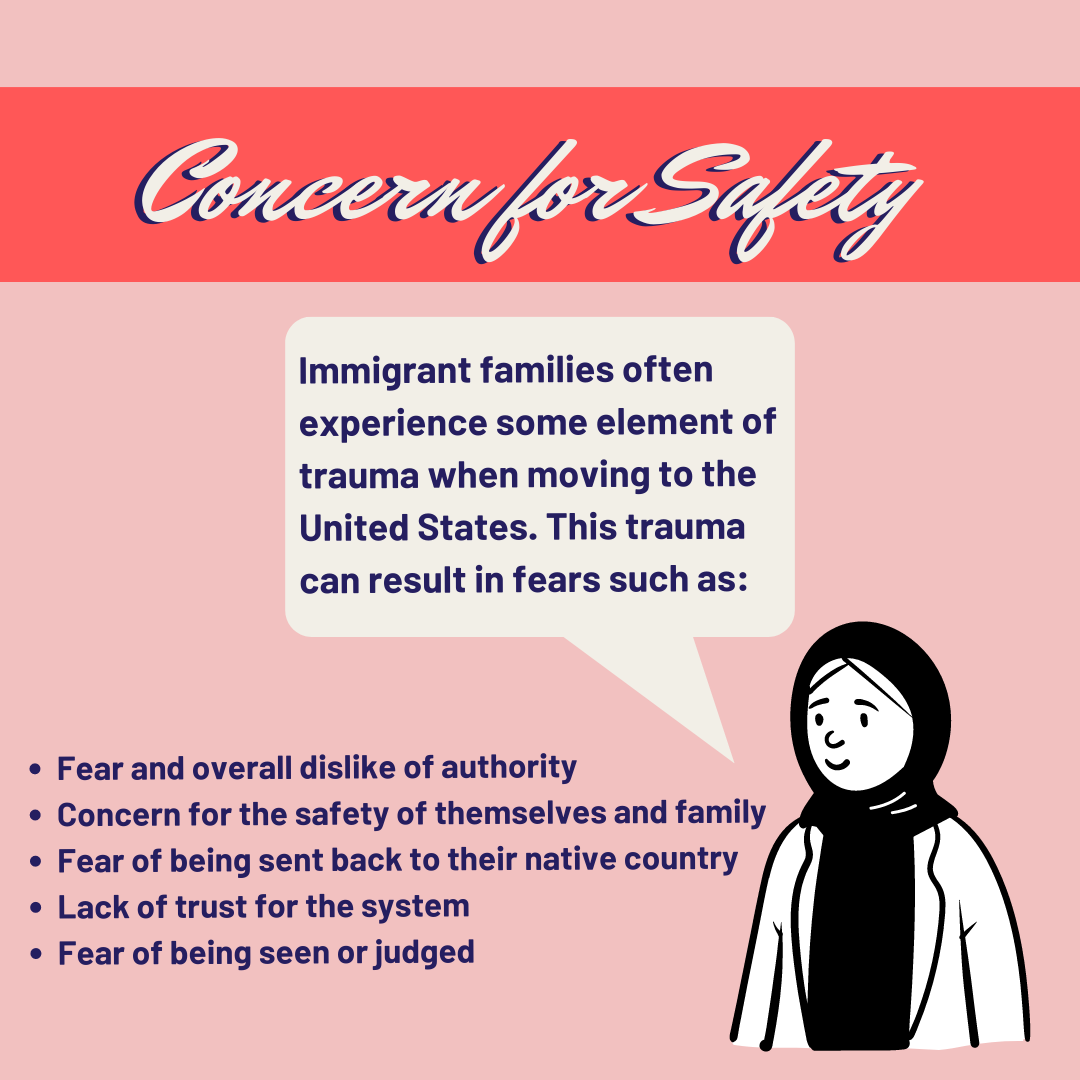 Concern for Safety: Immigrant families often experience some element of trauma when moving to the United States. This trauma can result in fears such as fear and overall dislike of authority, concern for the safety of themselves and family, fear of being sent back to their native country, lack of trust for the system, and fear or being seen or judged